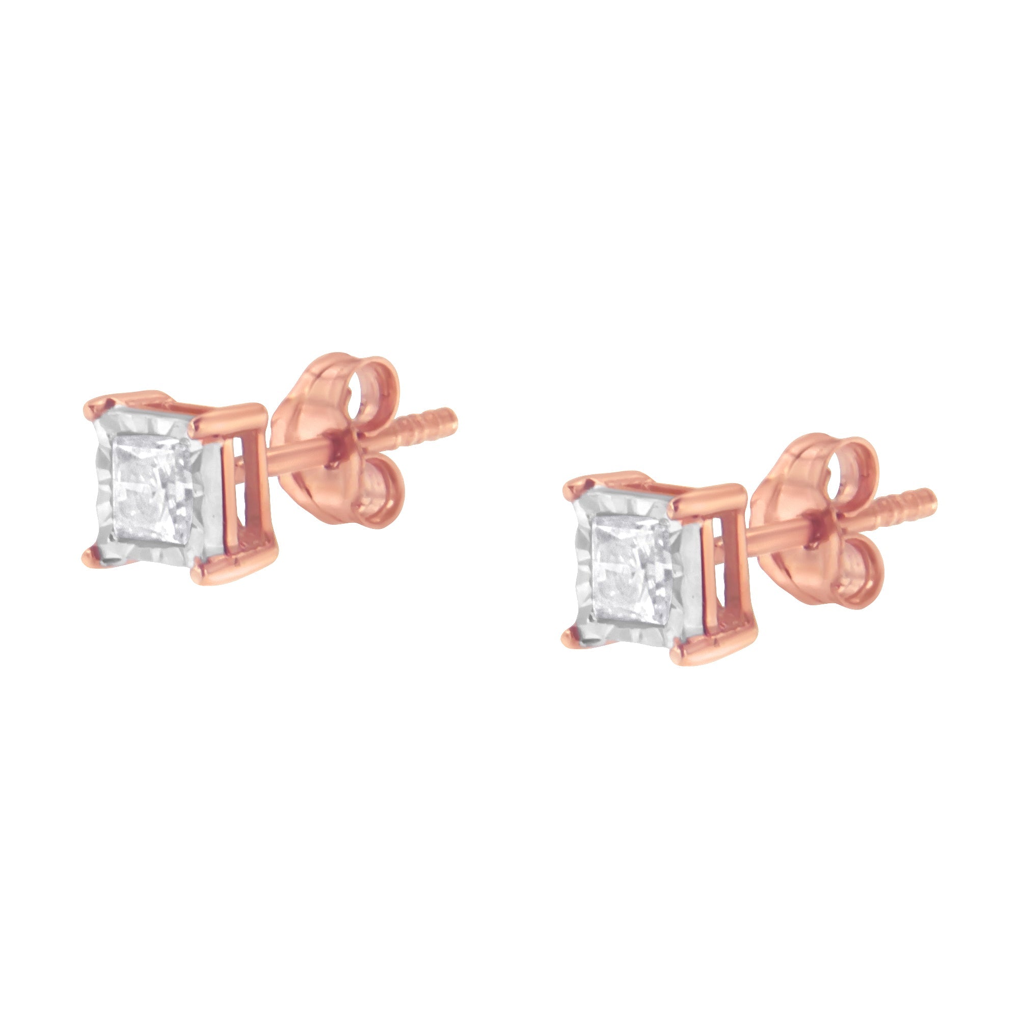 14K Rose Gold Plated Two-Tone .925 Sterling Silver 1/2 Cttw Princess-Cut Square Near Colorless Diamond Solitaire Miracle-Plate Stud Earrings (J-K Color, I2-I3 Clarity) by Bids.com