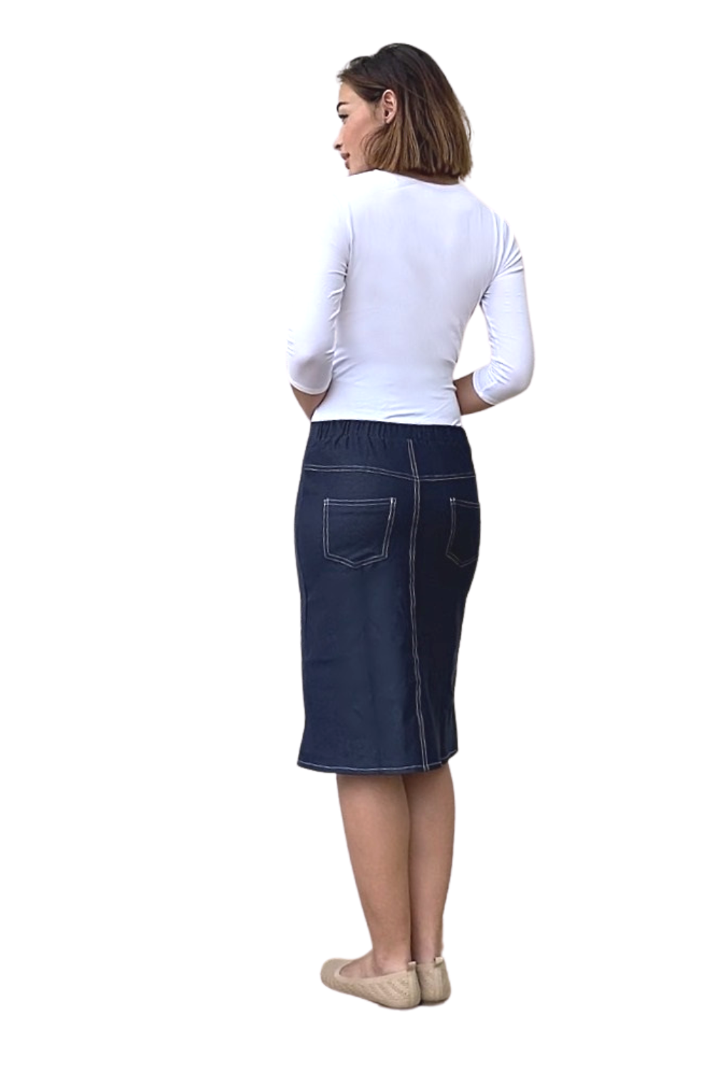 Faux Knit Denim Knee-Length Pencil Skirt with Stretch by Kosher Casual USA