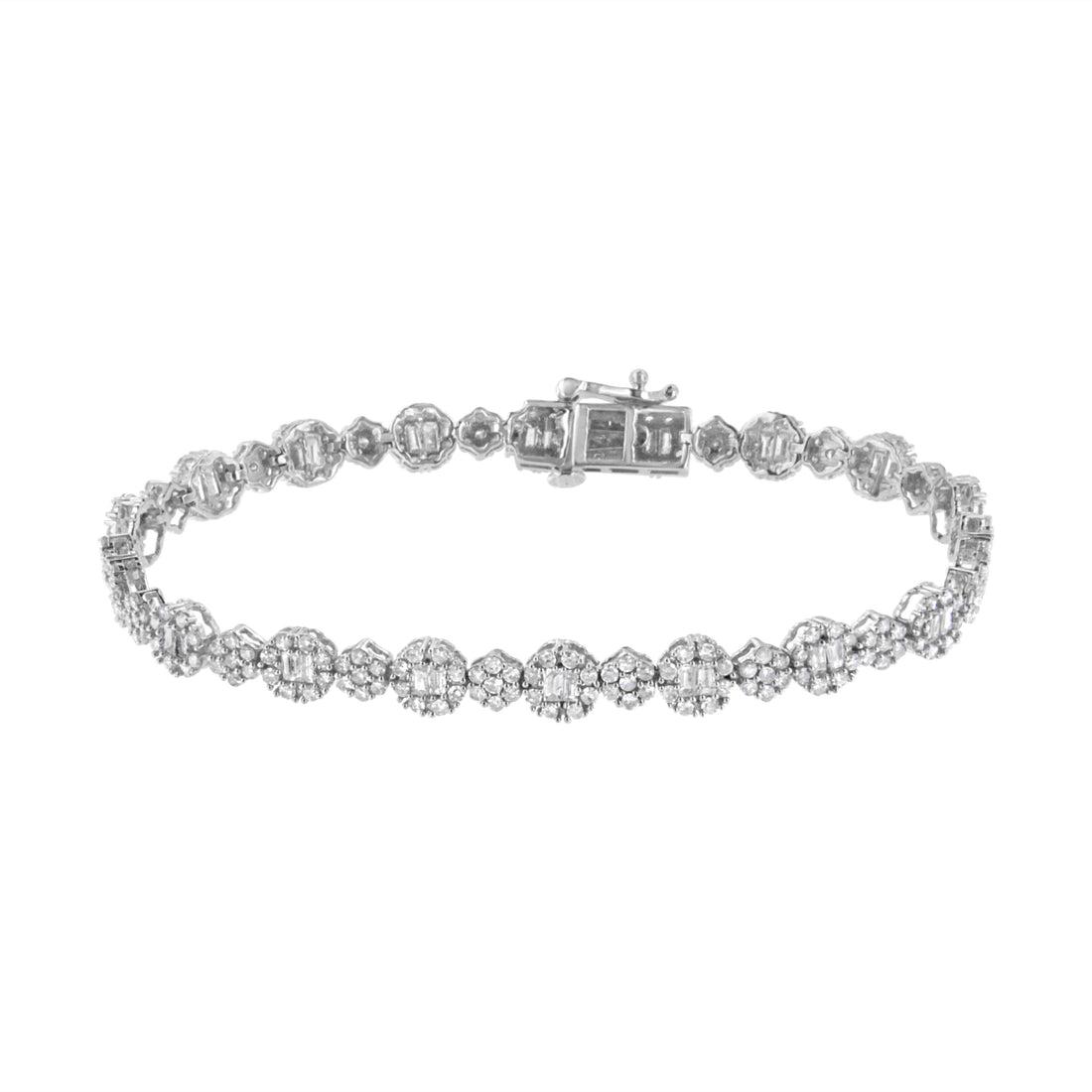 10K White Gold 4.0 cttw Brilliant Round-cut and Baguette Diamond Floral Cluster Link Bracelet (I-J Clarity, I1-I2 Color) - Size 7" by Bids.com