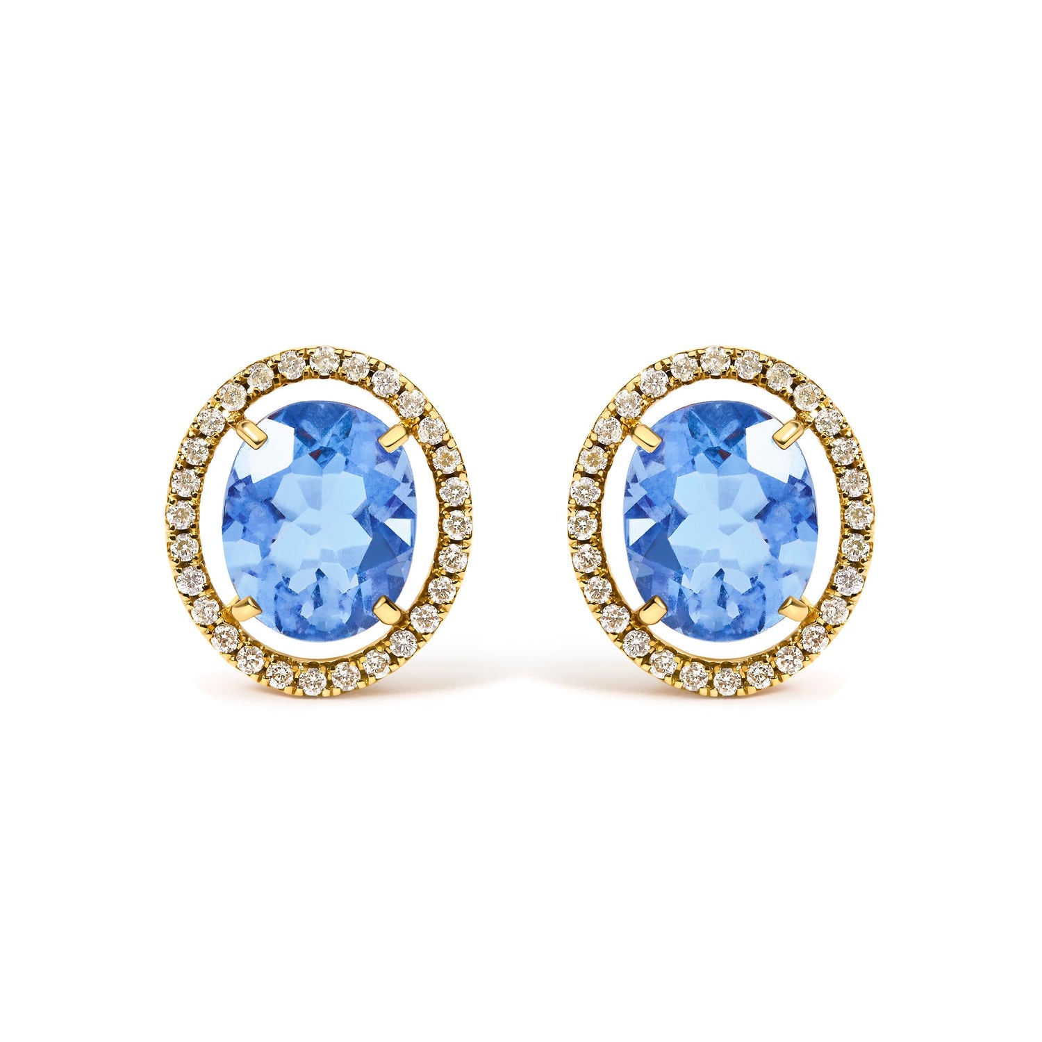 18K Yellow Gold 8X10 MM Blue Fluorite Oval and 1/2 Cttw Diamond Halo Stud Earrings