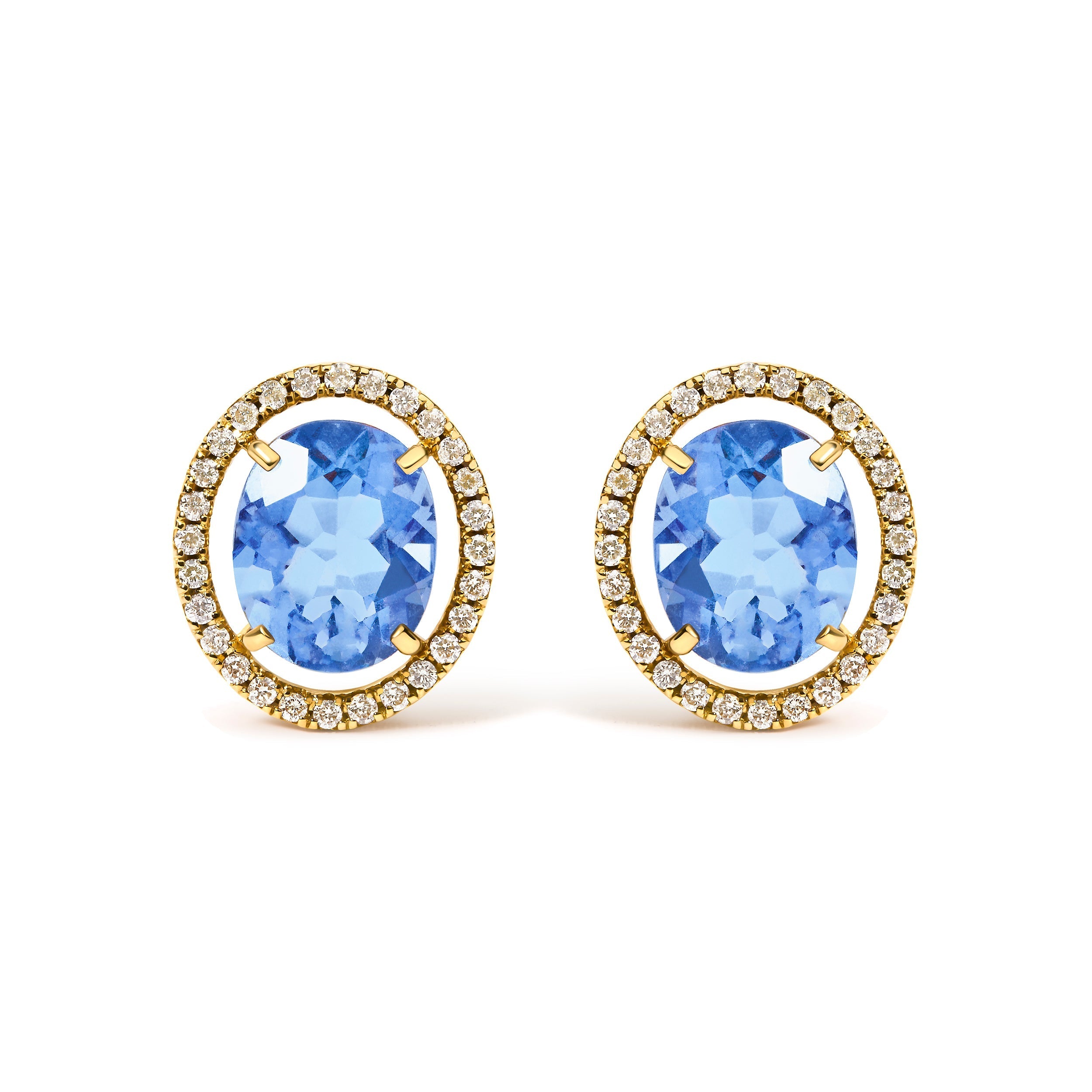 18K Yellow Gold 8X10 MM Blue Fluorite Oval and 1/2 Cttw Diamond Halo Stud Earrings