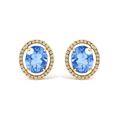 18K Yellow Gold 8X10 MM Blue Fluorite Oval and 1/2 Cttw Diamond Halo Stud Earrings
