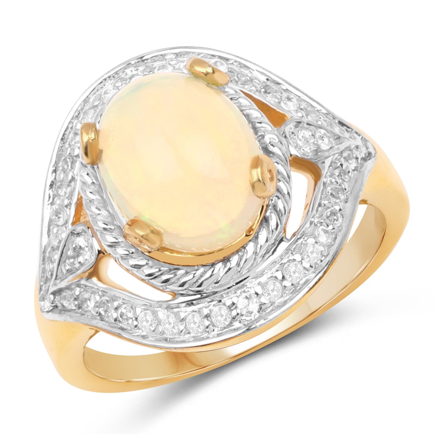 14K Yellow Gold Plated 1.88 Carat Genuine Ethiopian Opal and White Topaz .925 Sterling Silver Ring by Bids.com