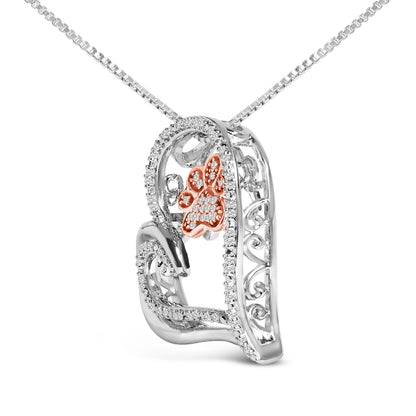 14K Rose Gold Plated Sterling Silver 1/10 Cttw Diamond Paw &amp; Heart Pendant Necklace by Bids.com