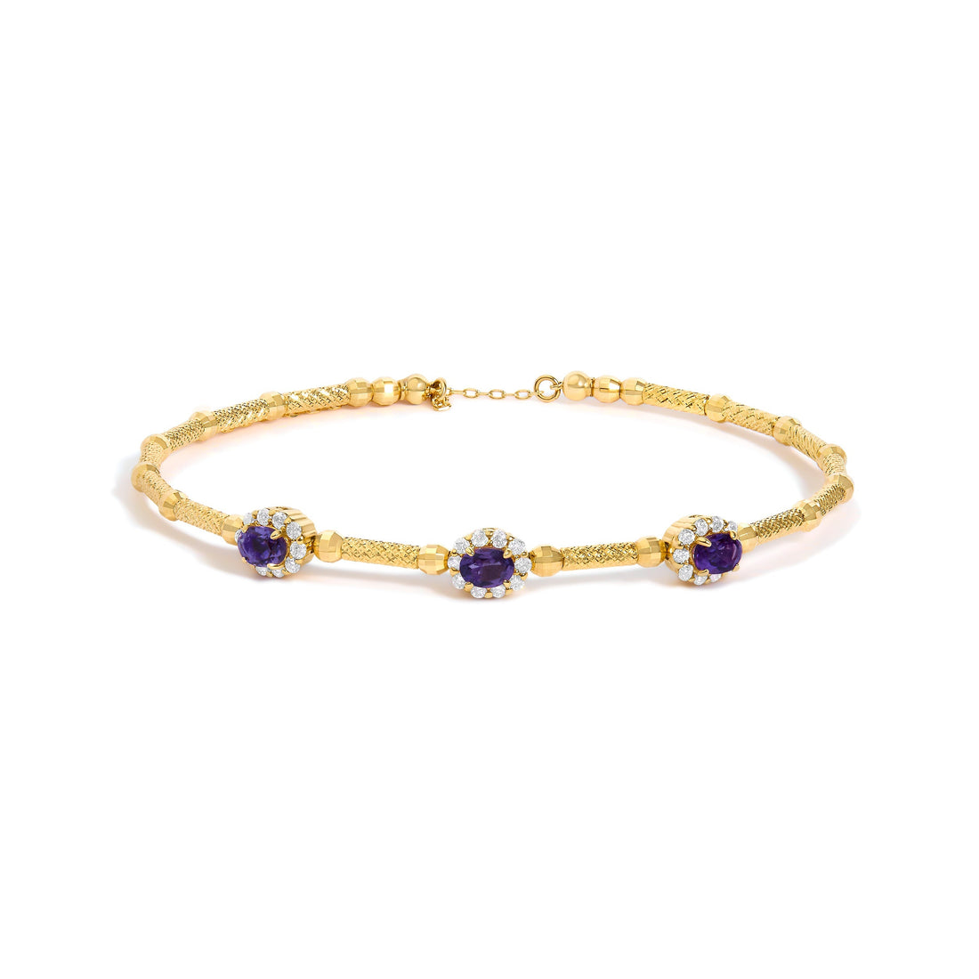 18K Yellow Gold Purple Amethyst and 1/3 Cttw Diamond Halo Station Bracelet  DestGlow