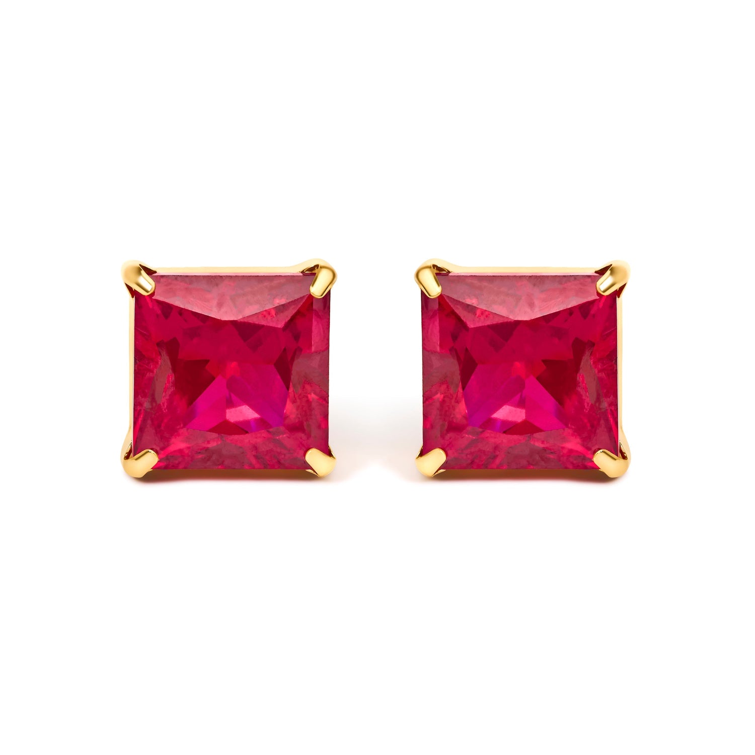 18K Yellow Gold 7x7 MM Created Red Ruby Princess Cut Solitaire Stud Earrings