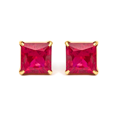 18K Yellow Gold 7x7 MM Created Red Ruby Princess Cut Solitaire Stud Earrings