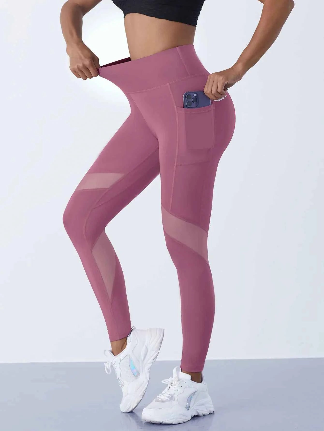 High-Waist Yoga Pants With See-through Tulle Splicing with Tummy Control - Clearance Sale
