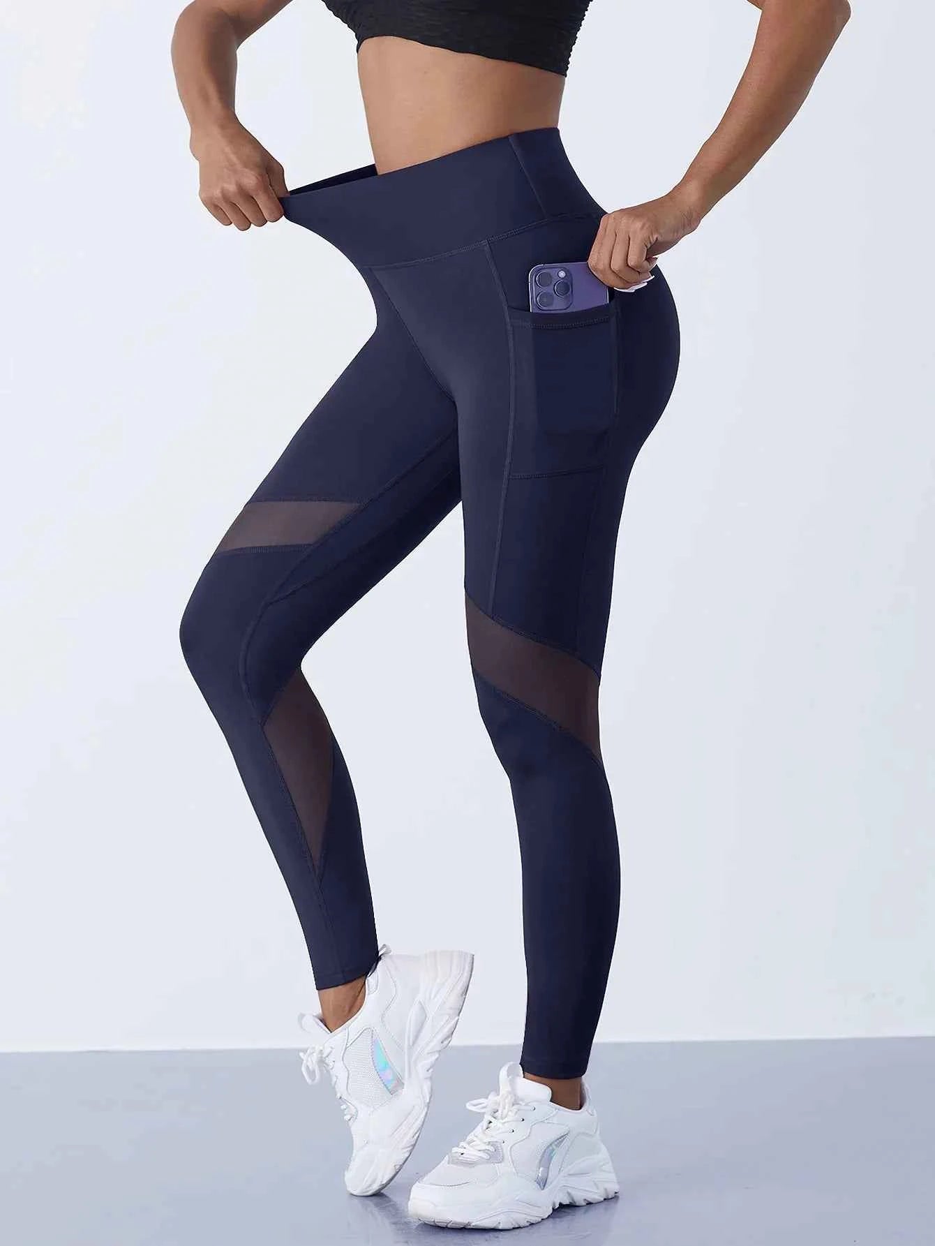 High-Waist Yoga Pants With See-through Tulle Splicing with Tummy Control - Clearance Sale