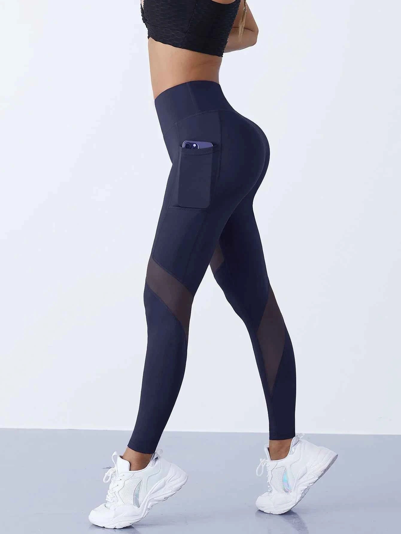 High-Waist Yoga Pants With See-through Tulle Splicing with Tummy Control - Clearance Sale