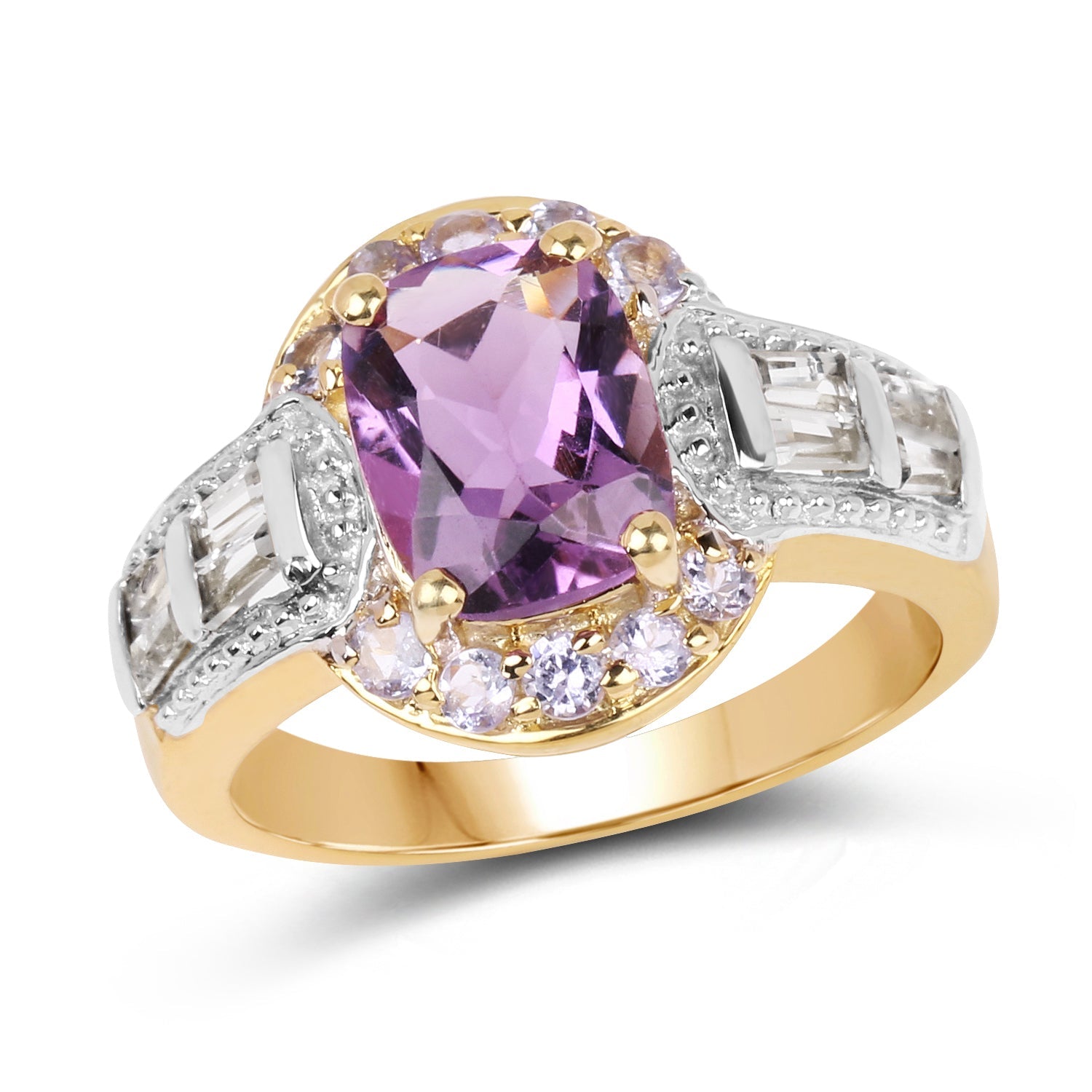 14K Yellow Gold Plated 2.28 Carat Genuine Amethyst, Tanzanite And White Topaz .925 Sterling Silver Ring by Bids.com