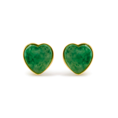 18K Yellow Gold 9x8 MM Bezel Set Green Jade Heart Stud Earrings