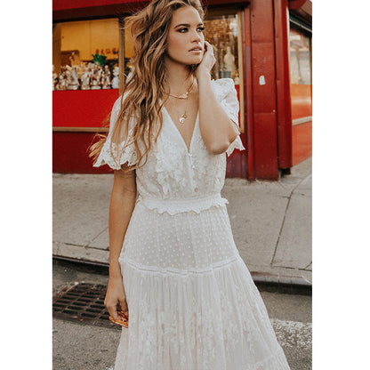 Summer Women Wear V neck Short Sleeve Lace Dress by Ragazza