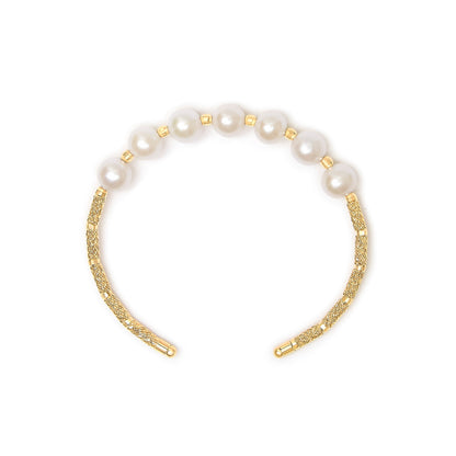 18K Yellow Gold Freshwater Pearl Cuff Bangle Bracelet