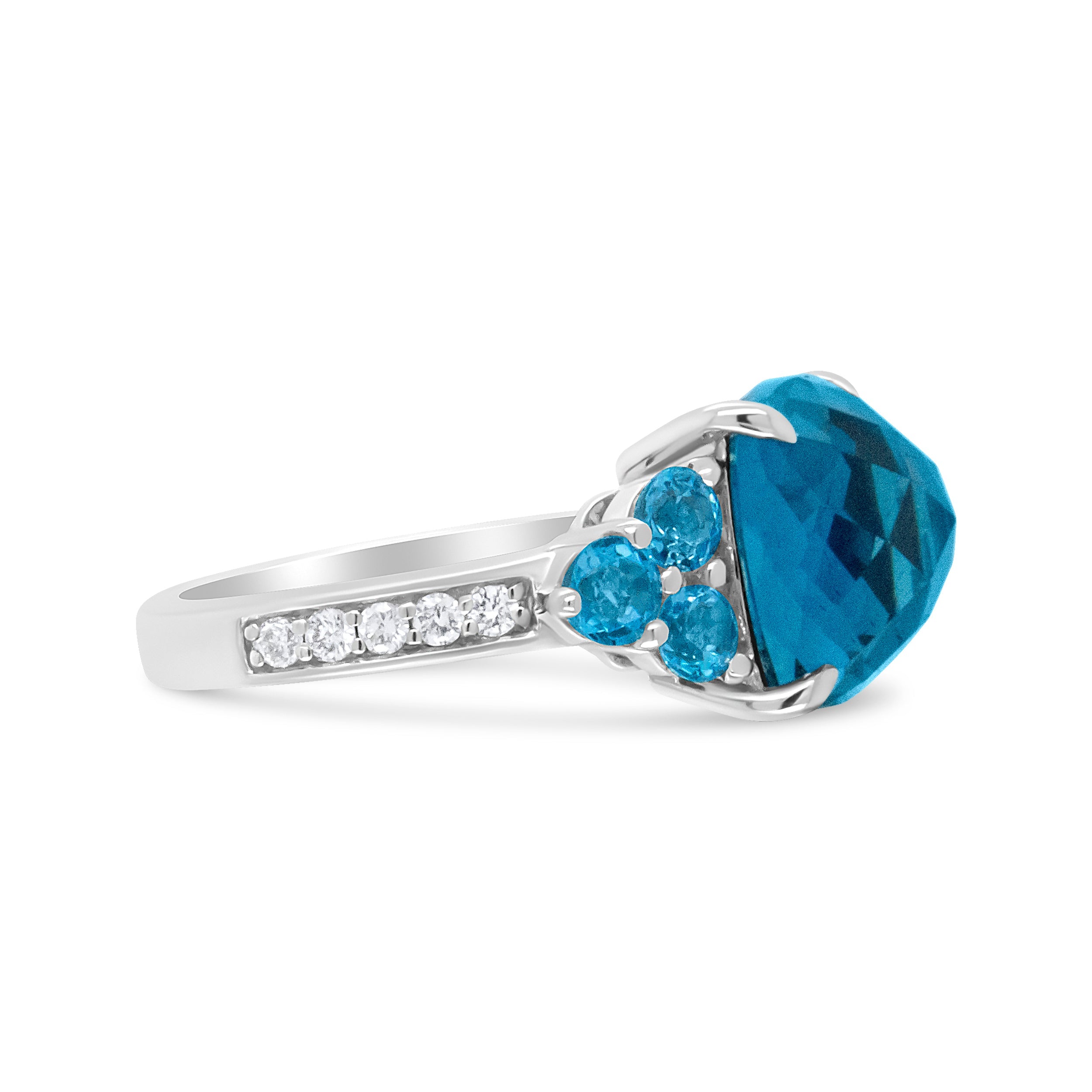 18K White Gold 10mm Cushion Shaped Blue Topaz and 1/6 Cttw Diamond 3 Stone Style Ring (F-G Color, VS1-VS2 Clarity) - Ring Size 6.5 by Bids.com