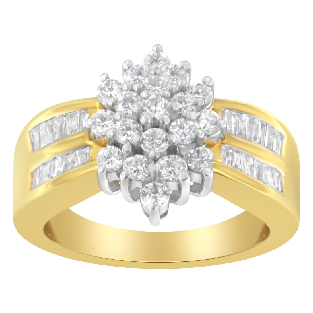 10K Yellow Gold 1.0 Cttw Round &amp; Baguette Cut Diamond Floral Cluster Double-Channel Flared Band Statement Ring (H-I Color, SI2-I1 Clarity) - Size 6-1/2 by Bids.com