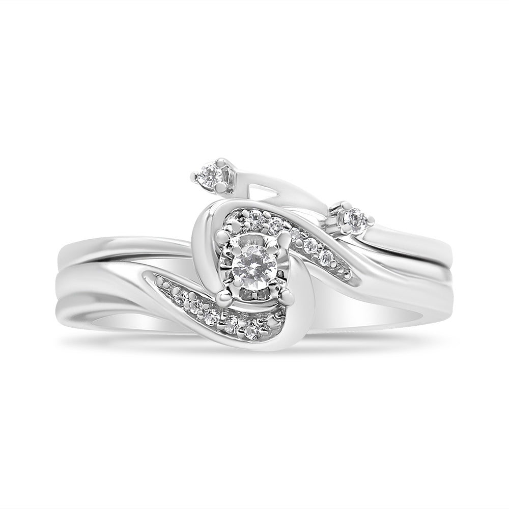 .925 Sterling Silver 1/10 Cttw Diamond Swirl and Bypass Bridal Set Ring and Band (I-J Color, I3 Clarity) - Size 7 by Bids.com