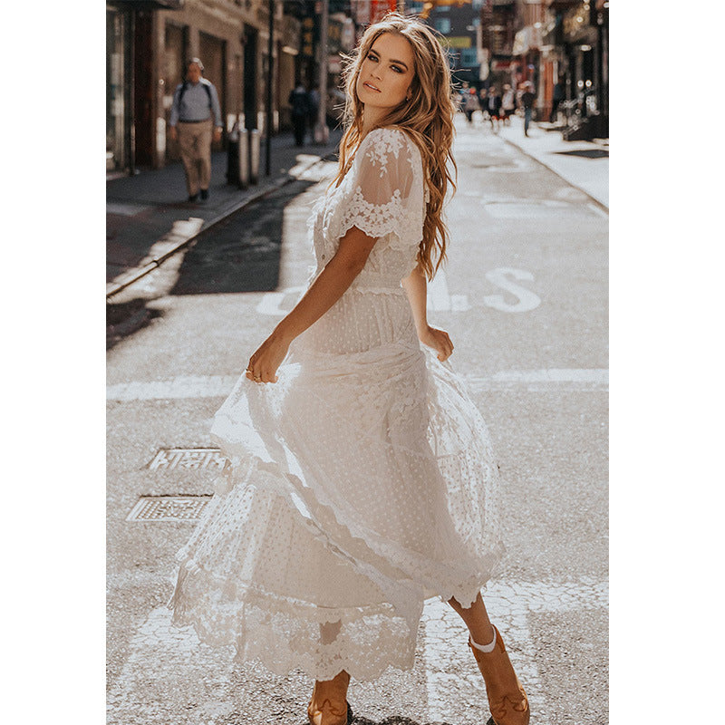 Summer Women Wear V neck Short Sleeve Lace Dress by Ragazza