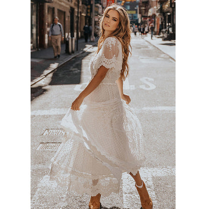 Summer Women Wear V neck Short Sleeve Lace Dress by Ragazza