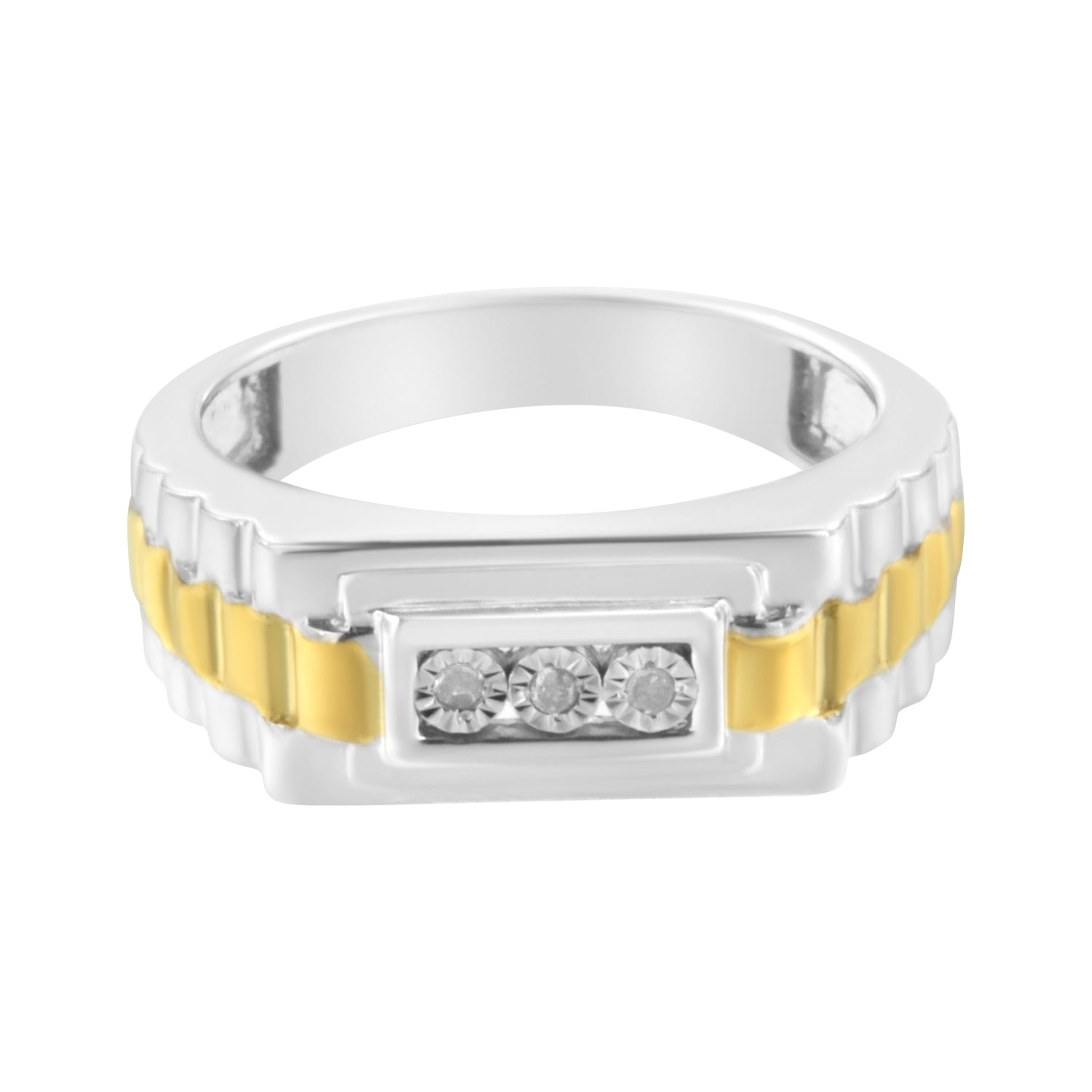 10K Yellow Gold Plated .925 Sterling Silver Diamond Accent Miracle-Set 3 Stone Ridged Band Gentlemen&