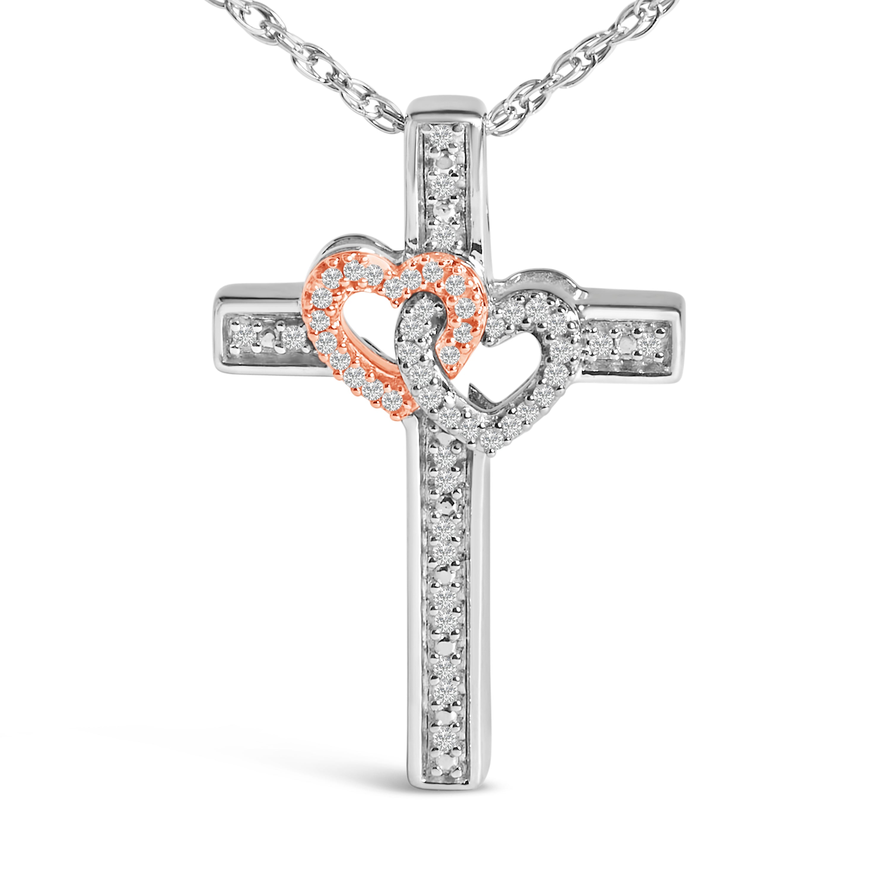 14K Rose Gold Plated Sterling Silver 1/10 Cttw Diamond Cross &amp; Heart Pendant Necklace
