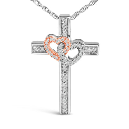14K Rose Gold Plated Sterling Silver 1/10 Cttw Diamond Cross &amp; Heart Pendant Necklace