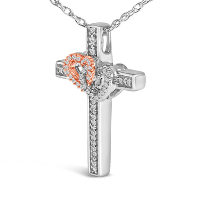 14K Rose Gold Plated Sterling Silver 1/10 Cttw Diamond Cross &amp; Heart Pendant Necklace