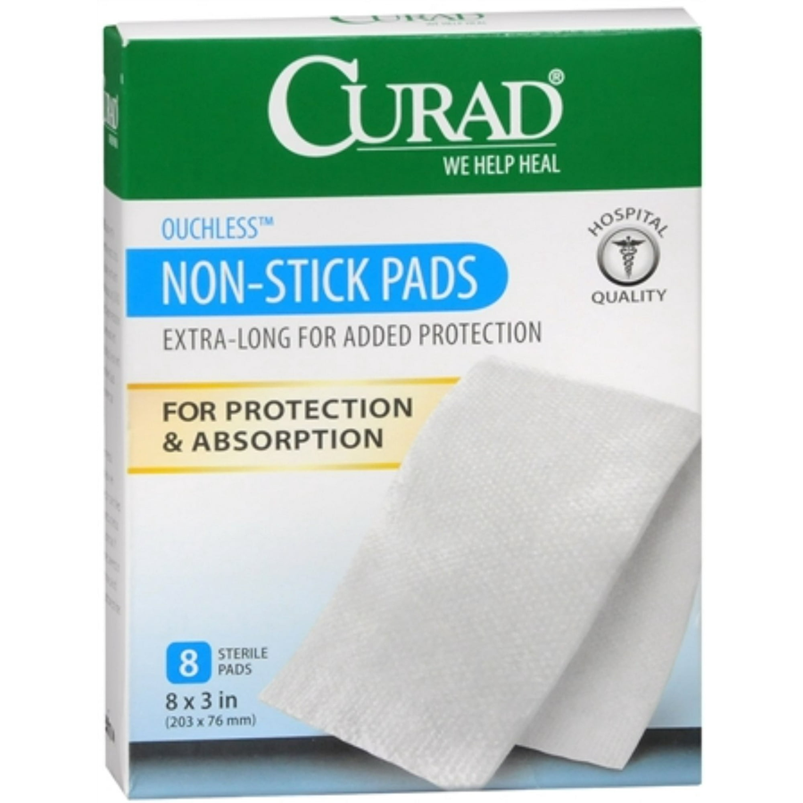 Curad Non-Stick Sterile Pads, Ouchless Wound Protection – 3" x 8", 8 Count by Pasteur Pharmacy