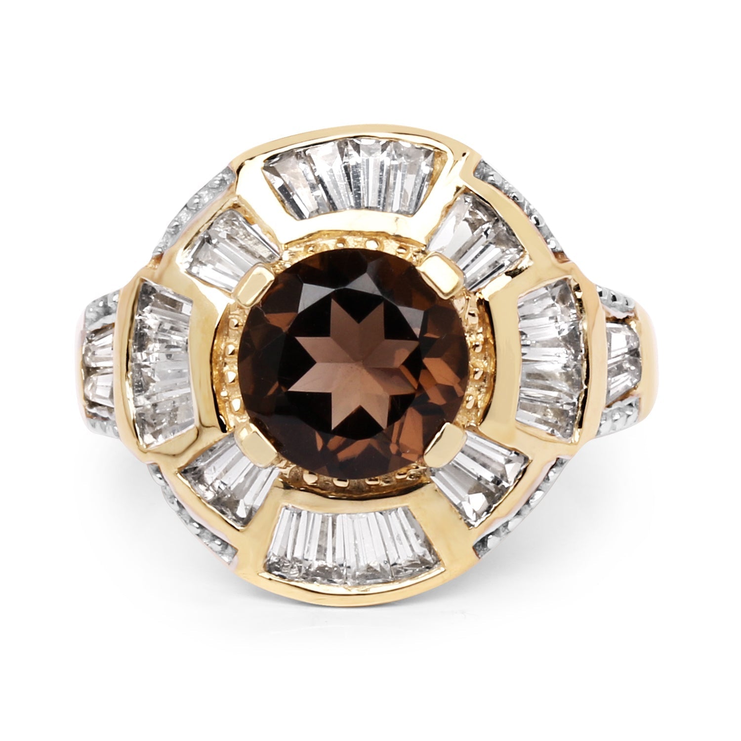 14K Yellow Gold Plated 4.18 Carat Genuine Smoky Quartz &amp; White Topaz .925 Sterling Silver Ring  DestGlow