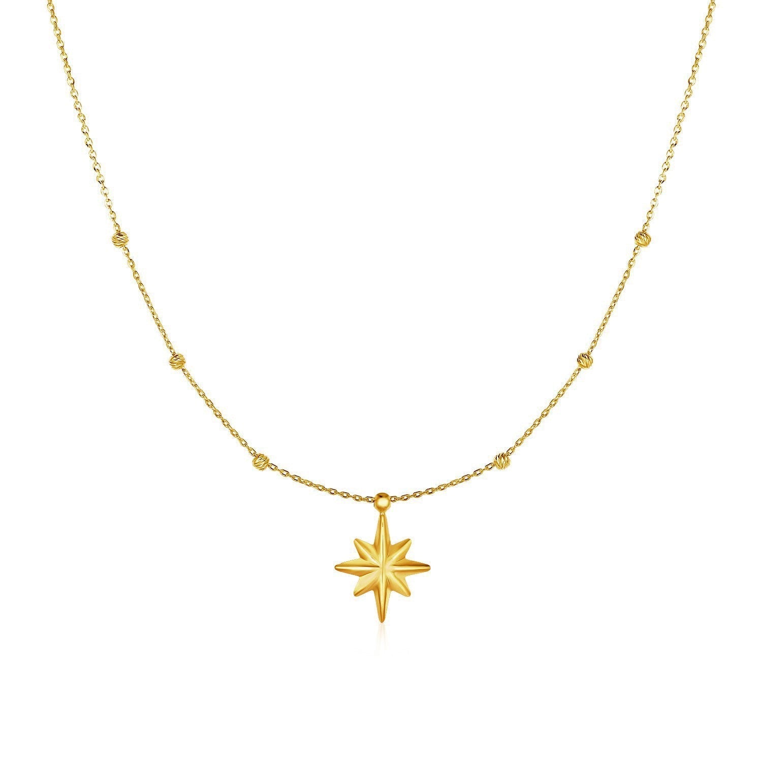 14k Yellow Gold Necklace with Eight Pointed Star and Beads  DestGlow