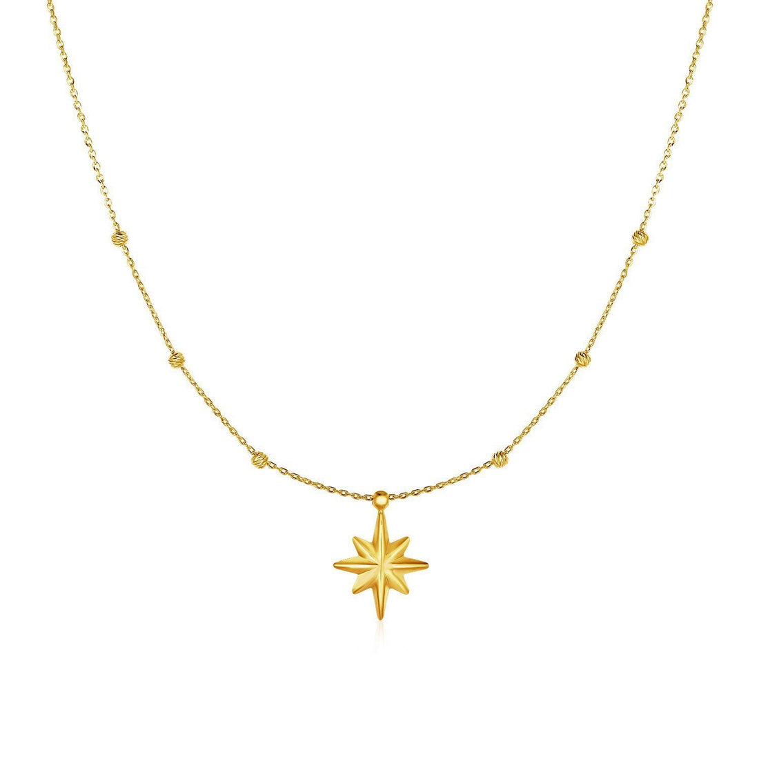 14k Yellow Gold Necklace with Eight Pointed Star and Beads  DestGlow