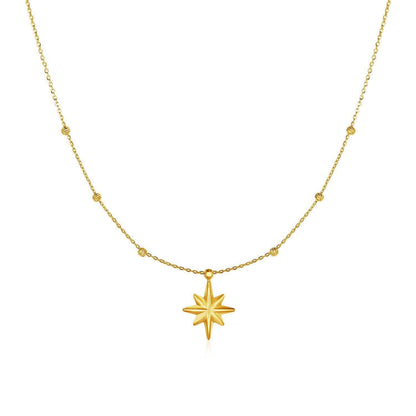 14k Yellow Gold Necklace with Eight Pointed Star and Beads  DestGlow