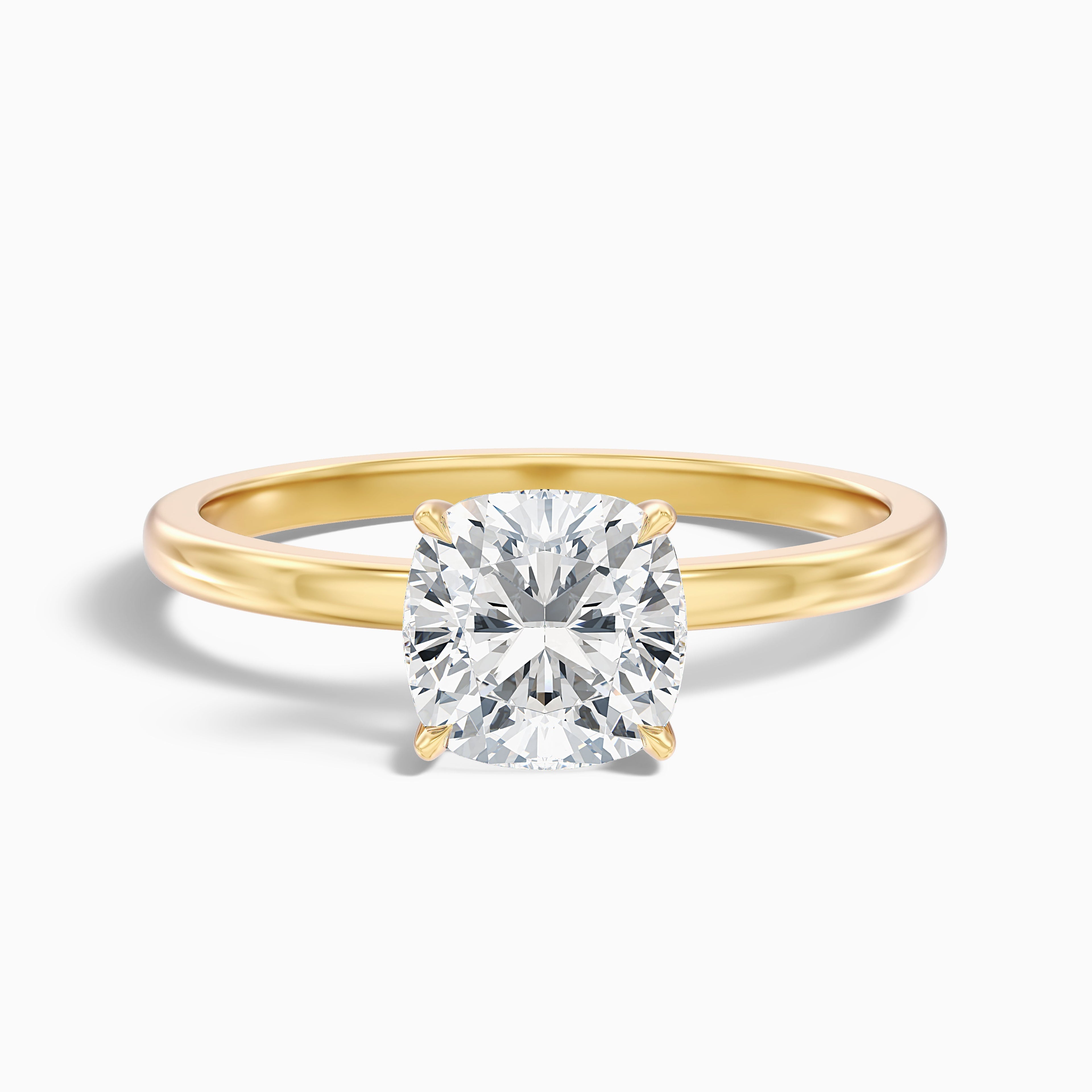 Chaya 3.5 Carat Cushion Cut Low Profile Solitaire Moissanite Diamond Ring in 18k Yellow Gold