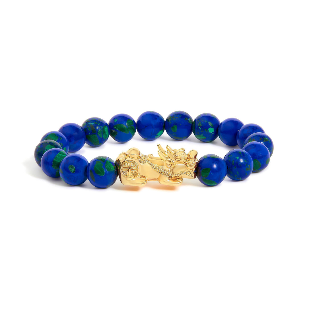 18K Yellow Gold Azurite Beaded Dragon Charm Bracelet  DestGlow