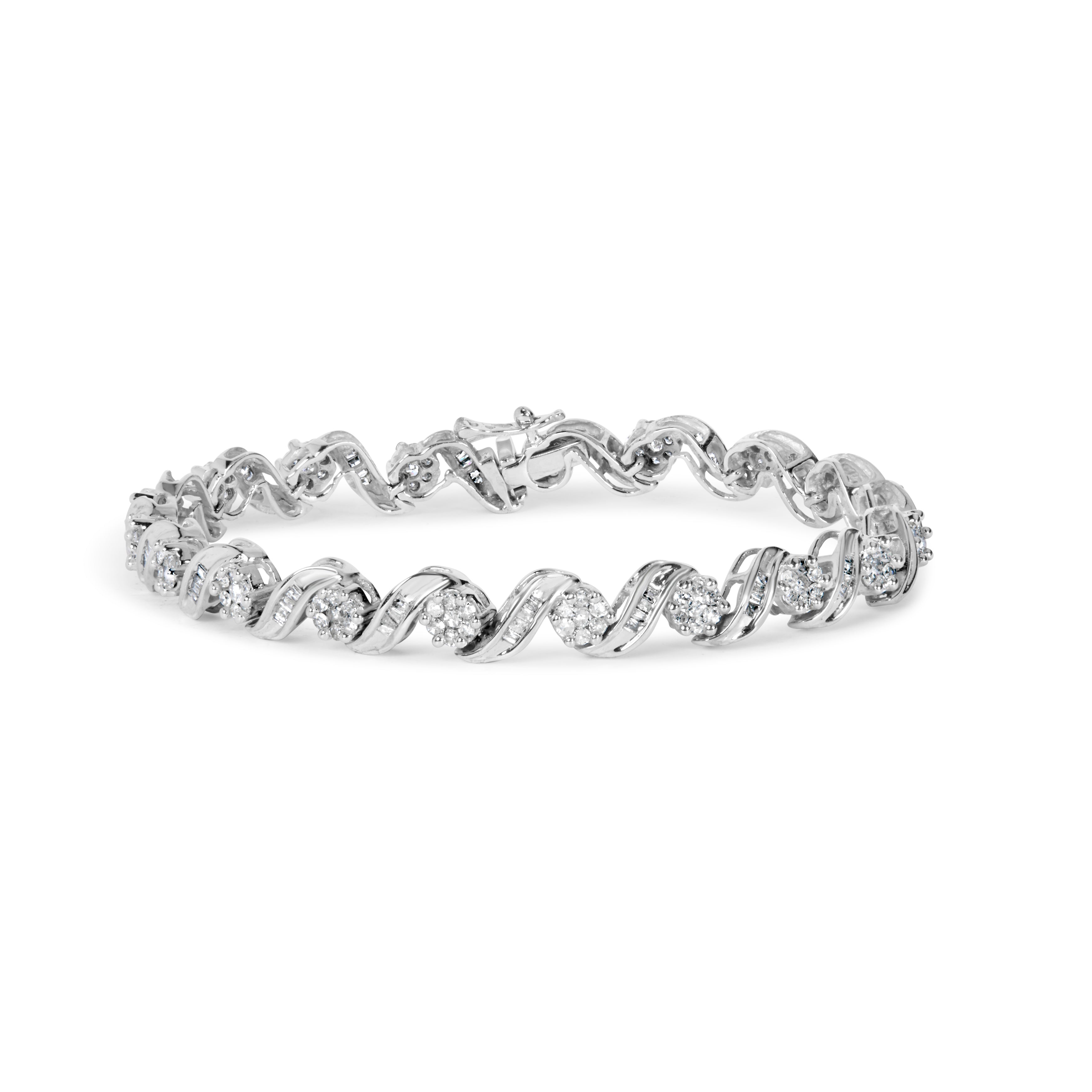 14K White Gold 2.00 Cttw Diamond Cluster and Spiral Link Bracelet (I-J Color, I1-I2 Clarity) - 7" by Bids.com