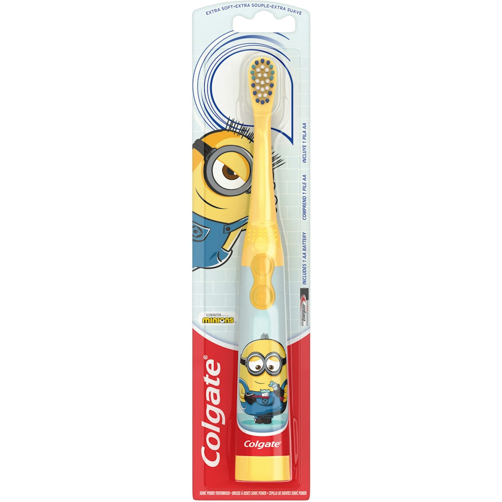 Colgate Kids Powered Toothbrush, Minions Theme, Extra Soft Bristles, 1 Count – Battery Operated Sonic Toothbrush for Children by Pasteur Pharmacy