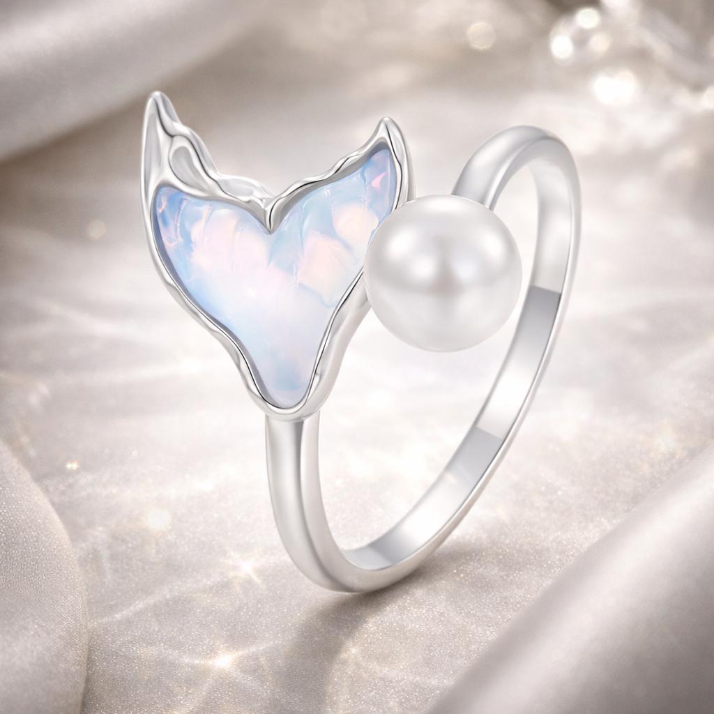925 Sterling Silver Ring with Shell Pearl and Transparent Glass  DestGlow