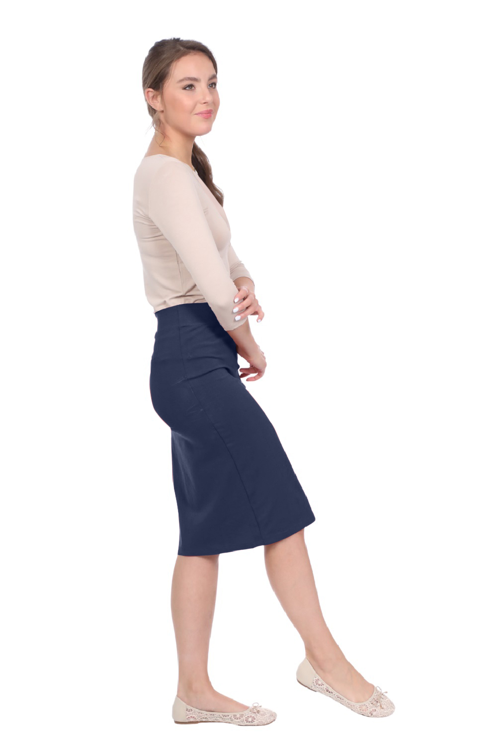 Modest Knee-Length Tapered Stretch Cotton Spandex Pencil Skirt by Kosher Casual USA