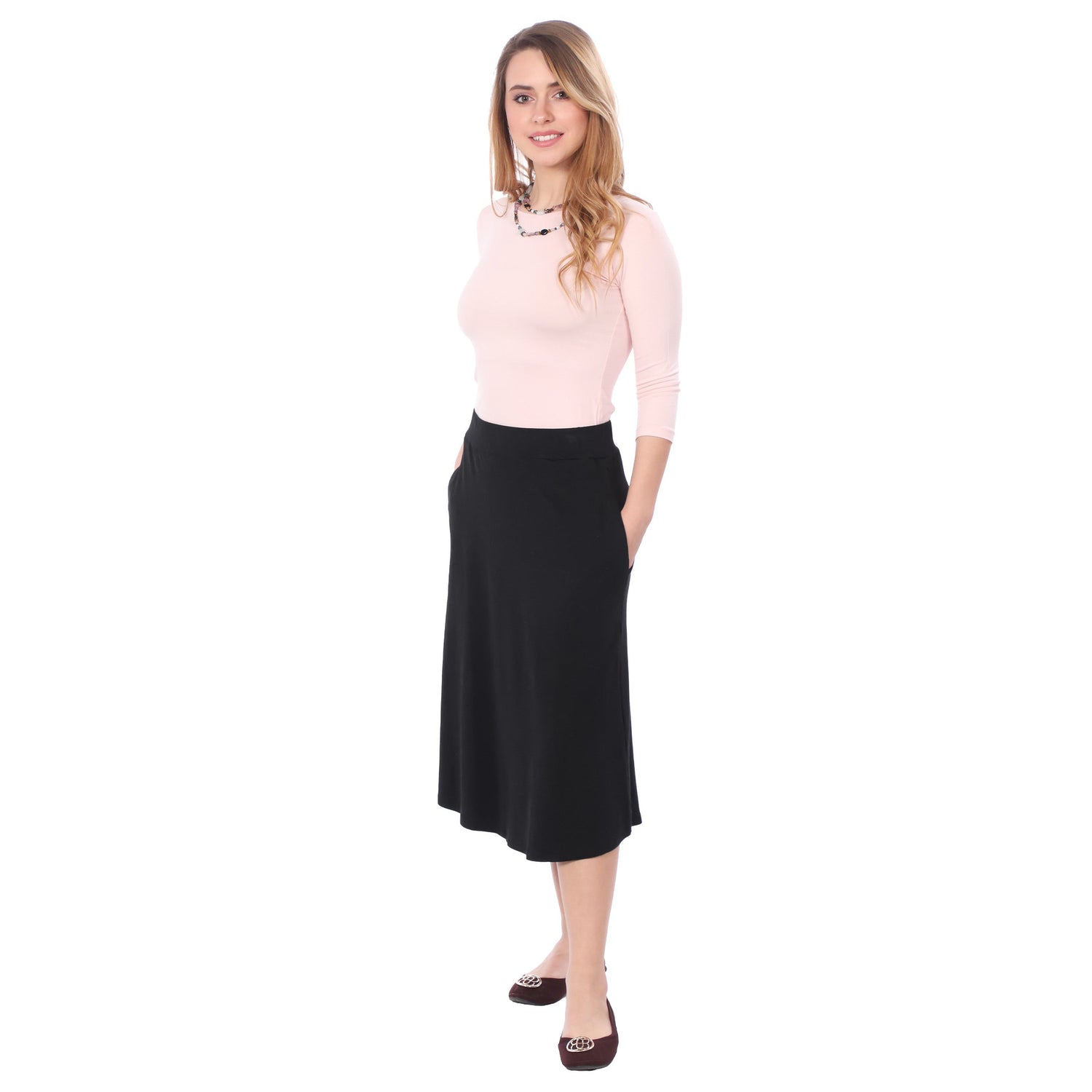 The Perfect A-Line Midi Skirt with Pockets by Kosher Casual USA