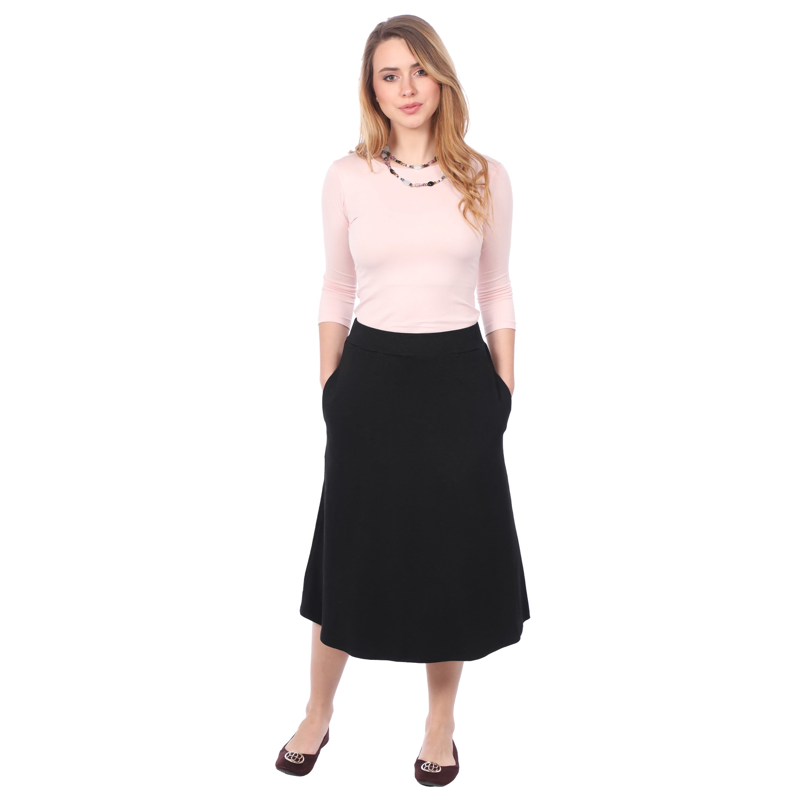 The Perfect A-Line Midi Skirt with Pockets by Kosher Casual USA