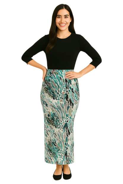 Printed Long Maxi Pencil Skirt in Lightweight Stretch Fabric by Kosher Casual USA