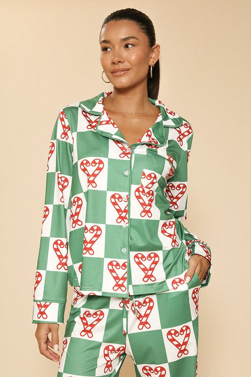 Women's Holiday Christmas Pajama Set - Button Front Top & Drawstring Pants