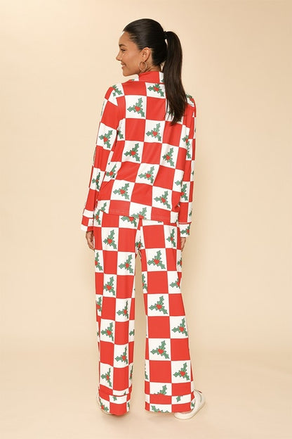 Women's Holiday Christmas Pajama Set - Button Front Top & Drawstring Pants