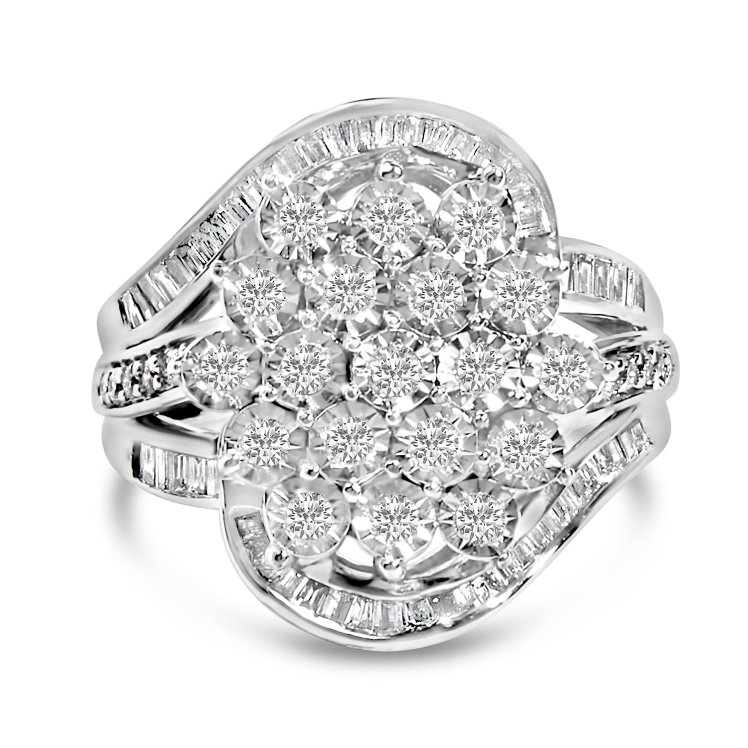 Sterling Silver 1.0 Cttw Diamond Swirl Cluster Cocktail Ring by Bids.com