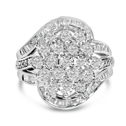 Sterling Silver 1.0 Cttw Diamond Swirl Cluster Cocktail Ring by Bids.com
