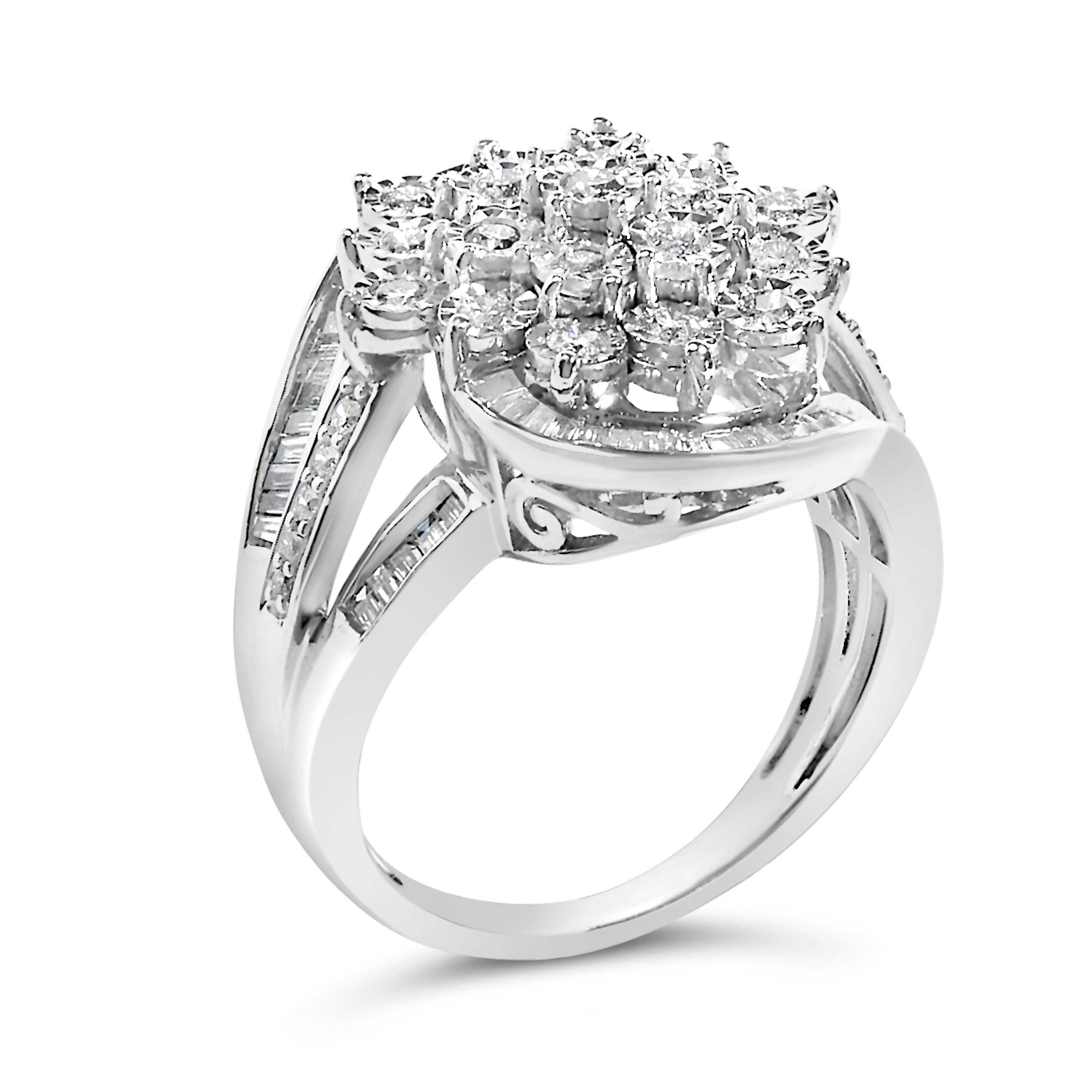 Sterling Silver 1.0 Cttw Diamond Swirl Cluster Cocktail Ring by Bids.com