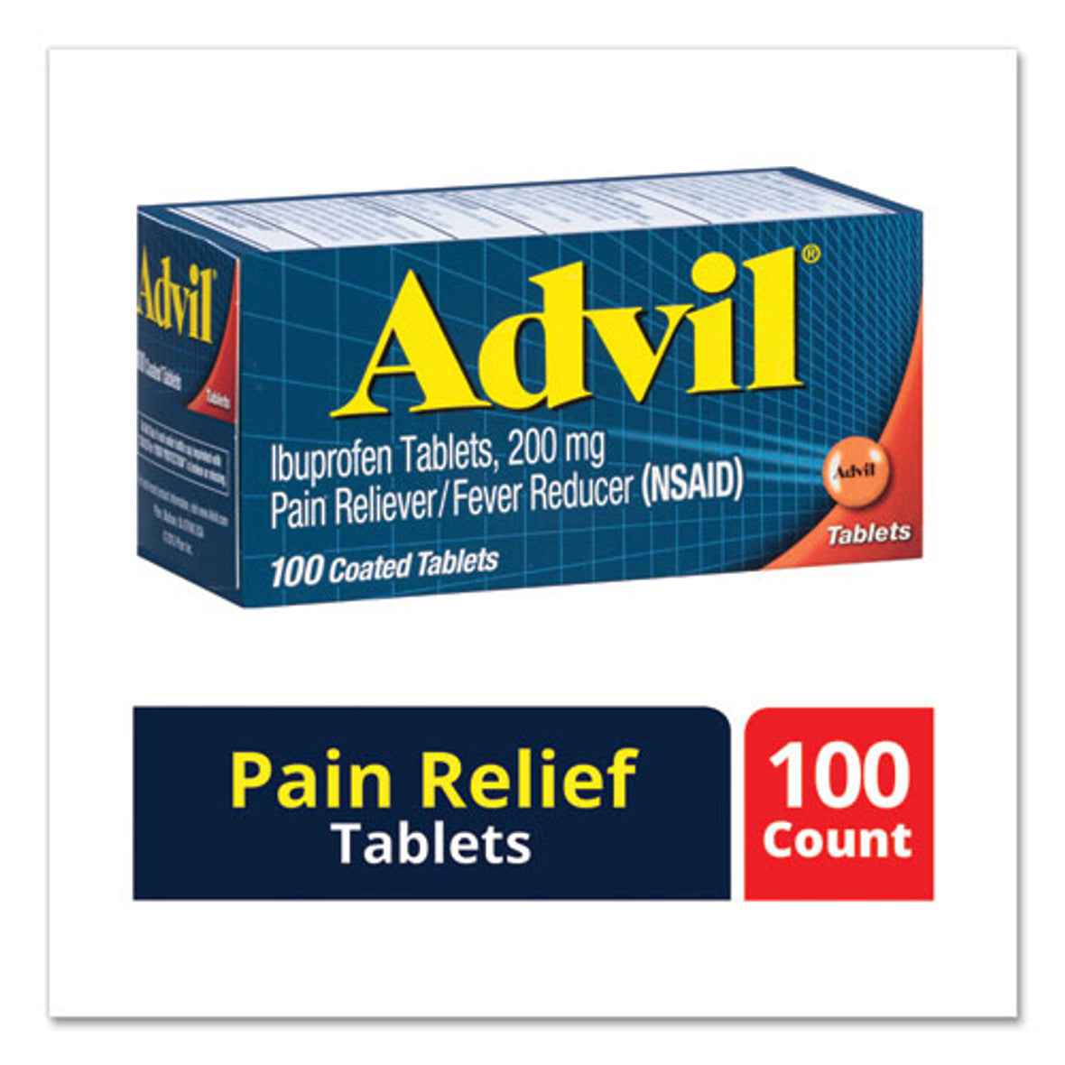 Advil Ibuprofen Tablets, 200 mg, Pain Reliever/Fever Reducer, 100 Count