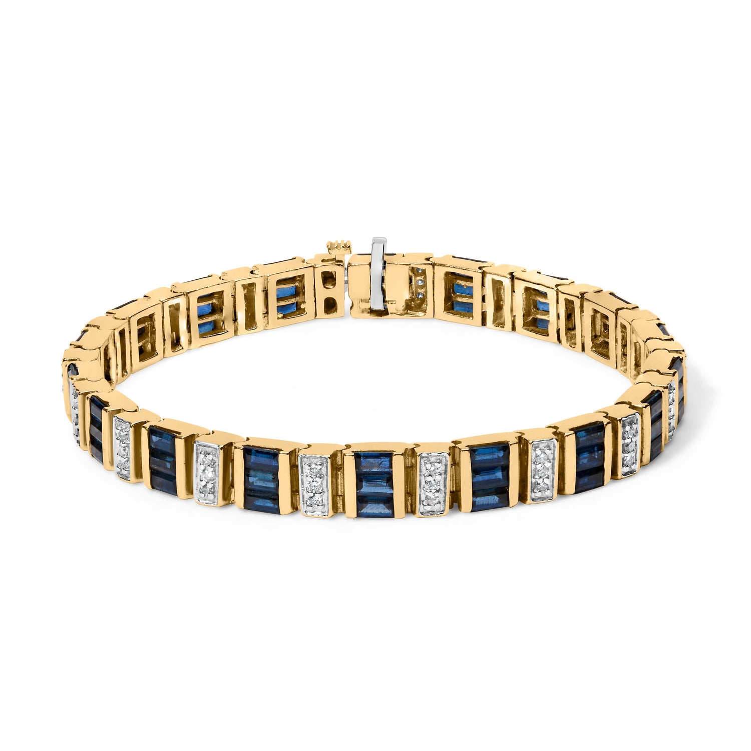 14K Yellow Gold 2/5 Cttw Diamond &amp; 8.0 Cttw Baguette Cut Blue Sapphire Alternating Link Bracelet (G-H Color, VS1-VS2 Clarity) - 7" Inches