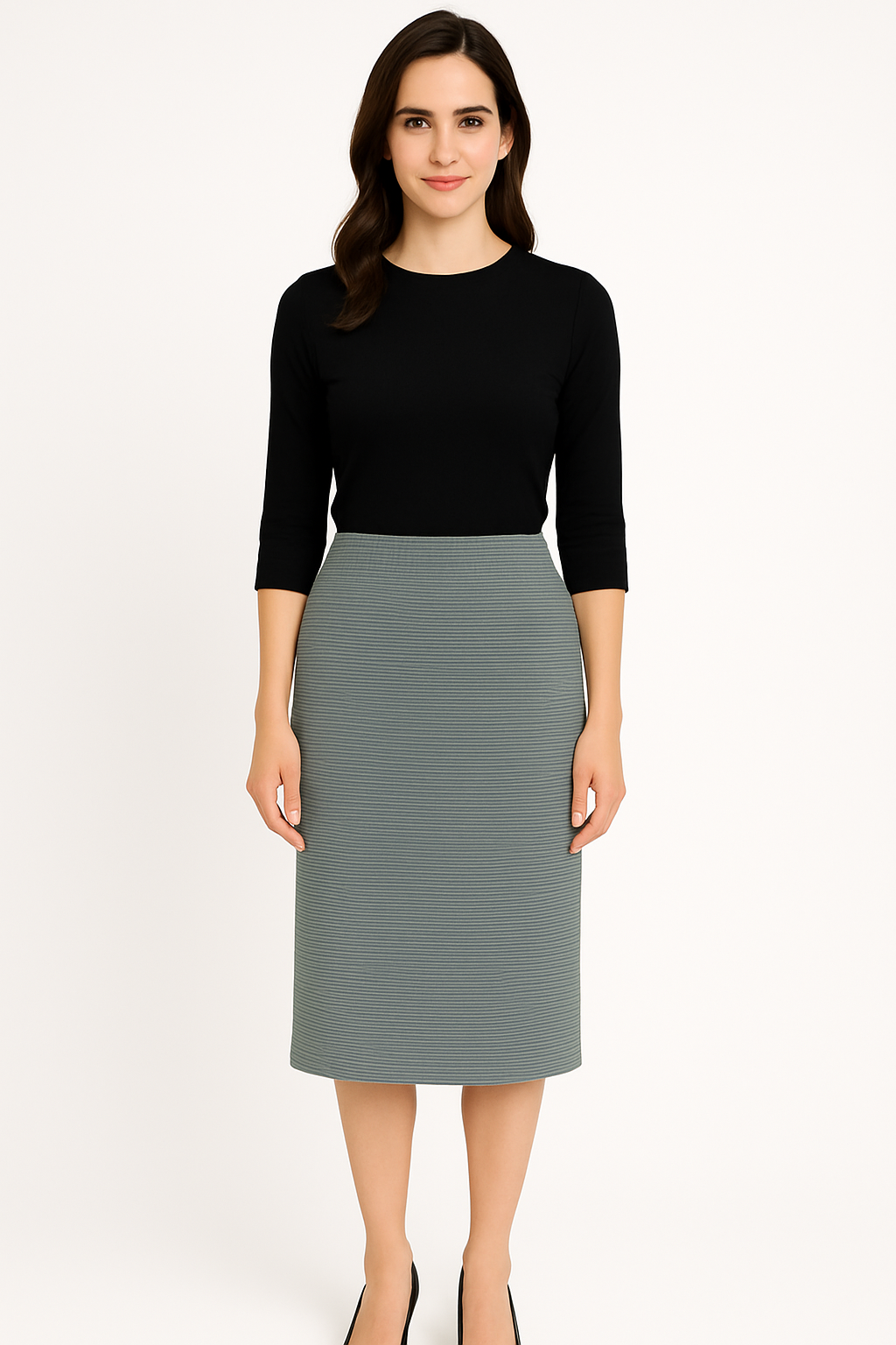 Modest Midi Pencil Skirt Below the Knee with Elastic Waist - Striped Pattern by Kosher Casual USA