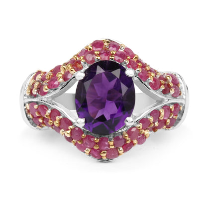 3.53 Carat Genuine Amethyst and Ruby .925 Sterling Silver Ring  DestGlow